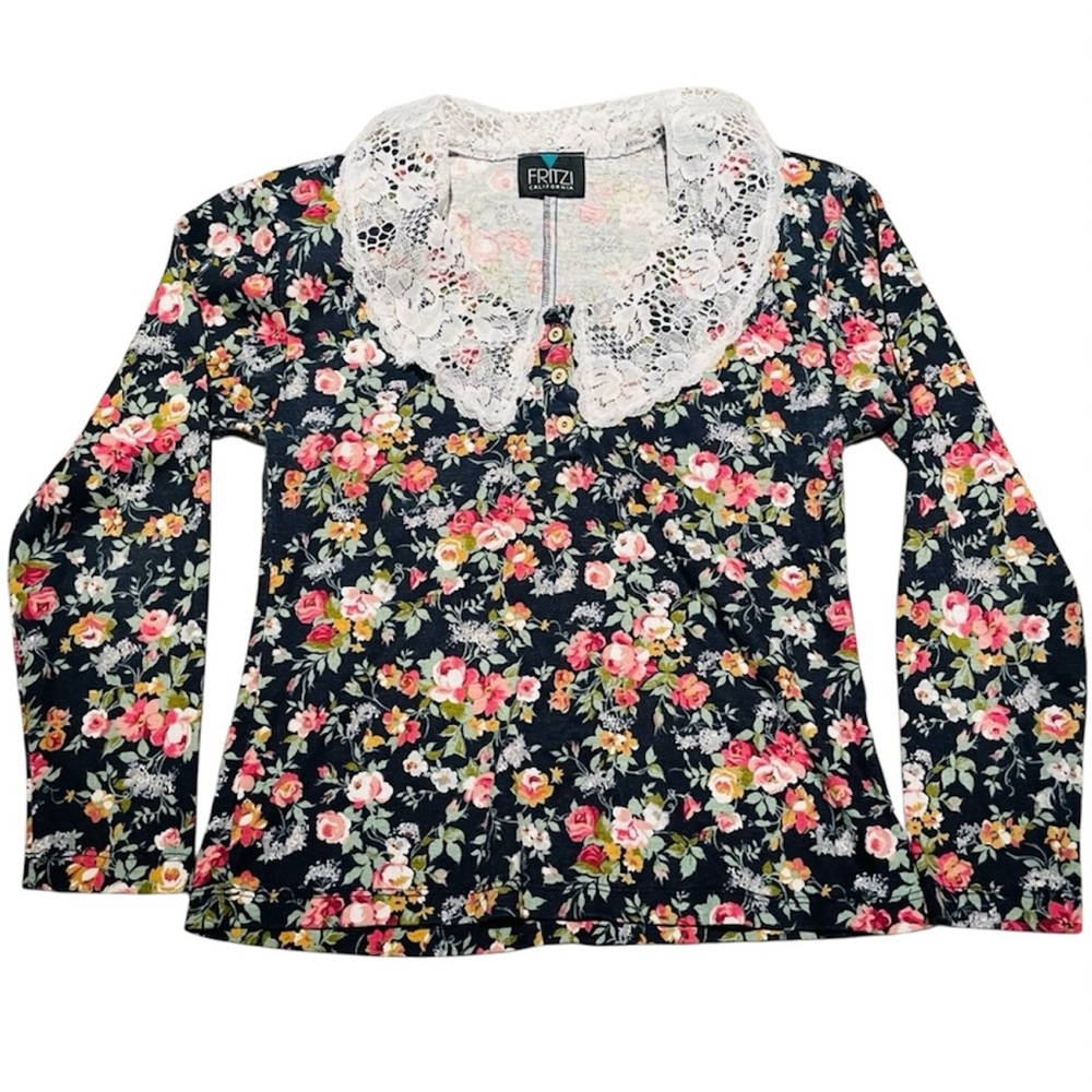 Floral Lace Collar Top Long Sleeves Sz Med Romantic Cottage Core Fairy Goth EUC